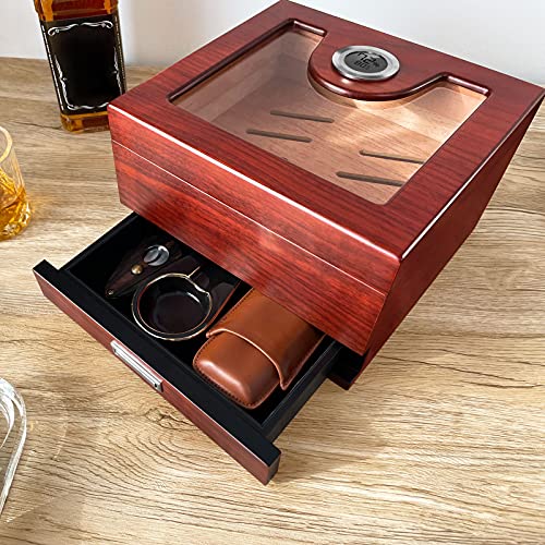 Flauno Handcrafted Humidor Cigar Box - Cedar Wood Cigar Humidor with Accurate Digital Hygrometer | Humidifier & Accessory Drawer | Holds 25-50 Cigars | Keeps 65% - 70% Humidity