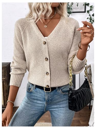 MakeMeChic Women's V Neck Button Down Long Sleeve Cardigan Sweater Drop Shoulder Ribbed Knit Outerwear4