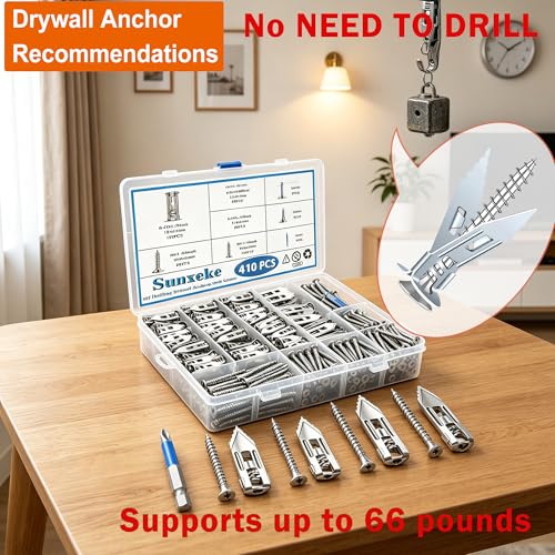 Image of 410PCS Self Drilling Drywall Anchors with Screws Kit-2 Sizes Sheetrock Anchors & 4 Sizes Zinc Expansion Screws, Upgraded Zinc Plated Steel,No Drill Needed,Holds Up to 66LB on Walls(Sliver)