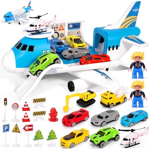 Jouet Avion Transporteur De Voitures JAWSEU Avec Lumières Et Sons - Avion Inertie Pour Enfants