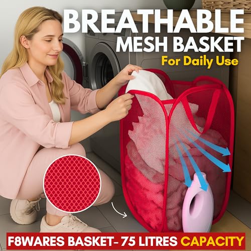 Image of F8WARES 2PK 75 Litres Nylon Mesh Foldable Laundry Basket for Clothes - Odourless Breathable Laundry Bag for Clothes with Carry Handles - Kids Toy Baskets For Storage & Dirty Cloth Basket Hamper Red