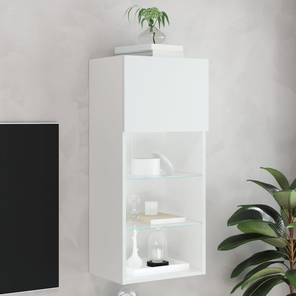 Mueble para televisión blanco con LED RGB para TV, 40,5 x 30 x 90 cm, material de madera, cristal, diseño moderno, montaje en pared, posible para salón, dormitorio, oficina