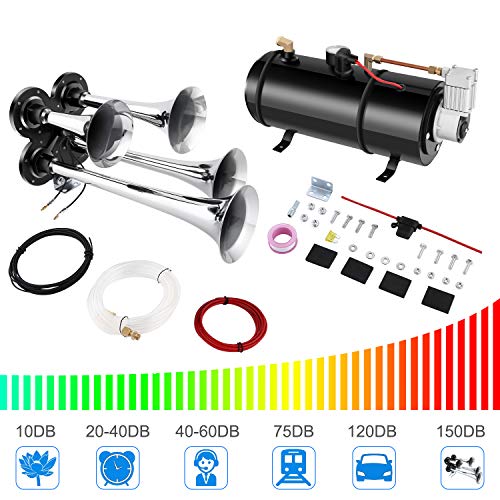 Hicient 150DB Train Air Horn Kit, 4 Trumpet Train Horn Kit with 120 PSI Air Compressor for Any 12V Vehicles Trucks Trains Boats Cars Vans (Black)