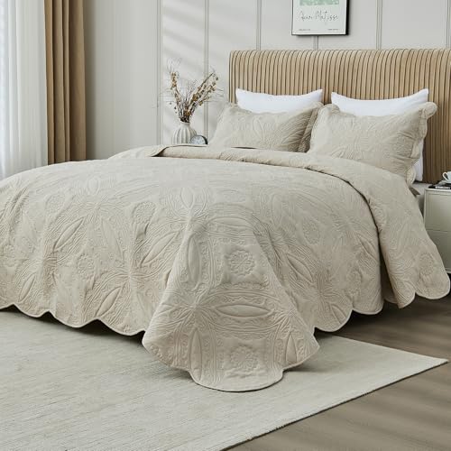 Image of Kingnex Oversized King Bedspreads 128x120 for Extra Wide Tall King or Cal King Bed Ultrasonic Quilted Coverlet Set 3 Piece Include 1 Quilt 2 Pillowcases Beige