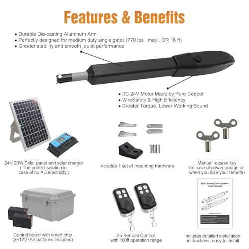 Jujiang C026 Solar Gate Opener With Batteries & Solar Panel For Dual Swing Gates Up To 1540Lb Automatic Gate Opener With Remote Complete Kit Medium Duty Electric Gate Opener Solar Powered 60W Motor thumb #5
