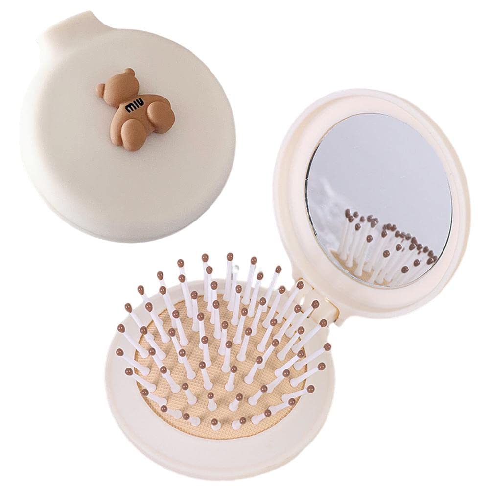 GoodernMini Hair Brush with Mirror,Foldable Travel Comb Round Folding Pocket Hair Brush,Mini Hairbrush Compact Hair Brush Easy to Carry,Portable Small Mirror with Brush for Women and Girls-White