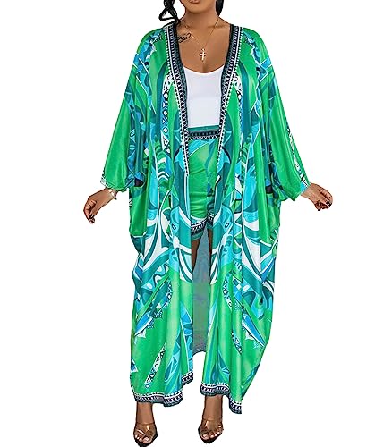 Conjunto de 2 piezas para vacaciones de verano para mujer, cubierta de playa 2023, kimono de gasa tropical bohemio y conjunto de pantalones cortos, Verde, Large