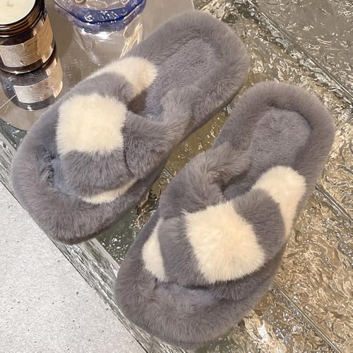 Harssidanzar Womens Fuzzy Slides Fluff Faux Fur Color Cross Slippers Open Toe House Slipper Sandals Indoor/Outdoor KL511US2
