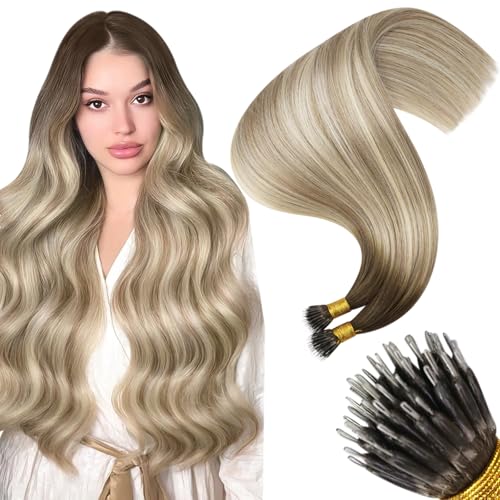 Image of Moresoo Nano Ring Hair Extensions, Brown Dirty Blonde Ombre, 20 Inch | 50g 50 strands, heat-styleable human hair, nano ring extensions for flexible placement and added length