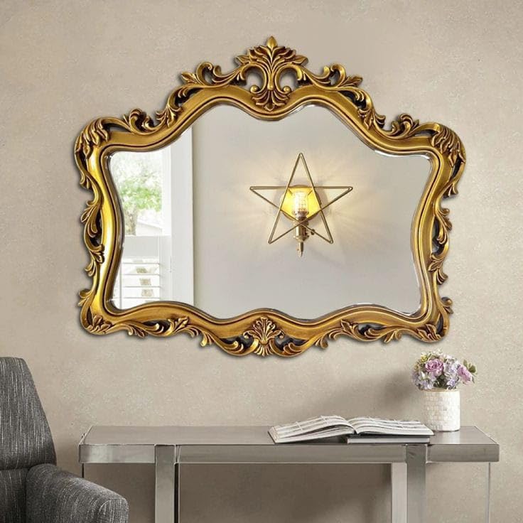 Wall Mounted Wooden Mirror Frame, Hand Carved Jharokha Design, Antique Gold, 36x24 Inch, Without Mirror-image-32