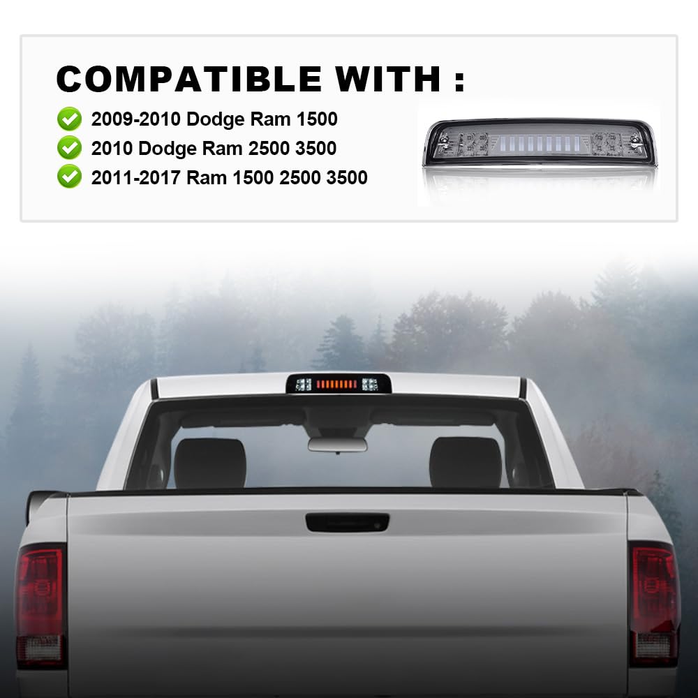 G-PLUS Truck Third 3rd Tail I Brake Light Cargo High Mount Stop Lamp Compatible With 2009-2010 Dodge Ram 1500 2010 Dodge Ram 2500 3500 2011-2017 Ram 1500 2500 3500 Smoky Lens Chrome Housing