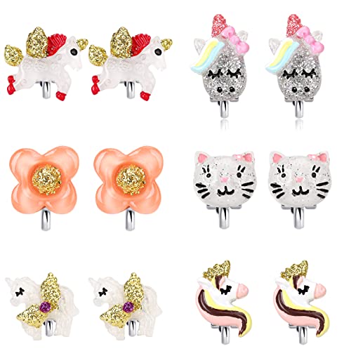 Unicorn Clip On Earrings for Little Girls, Bling Flower and Cat Earrings, Toddler Girls Dress Up Jewelry, 6 Pairs, Best Gift-B