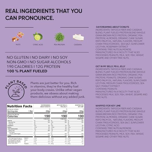 Image of TRUBAR Vegan Protein Bar Variety Pack, Assorted Flavors, Donuts, PB & Jelly, Key Lime, Gluten Free, Vegan Protein Snacks, 12G Plant-Based Protein, High Fiber, Healthy Protein Bars, 12 CT