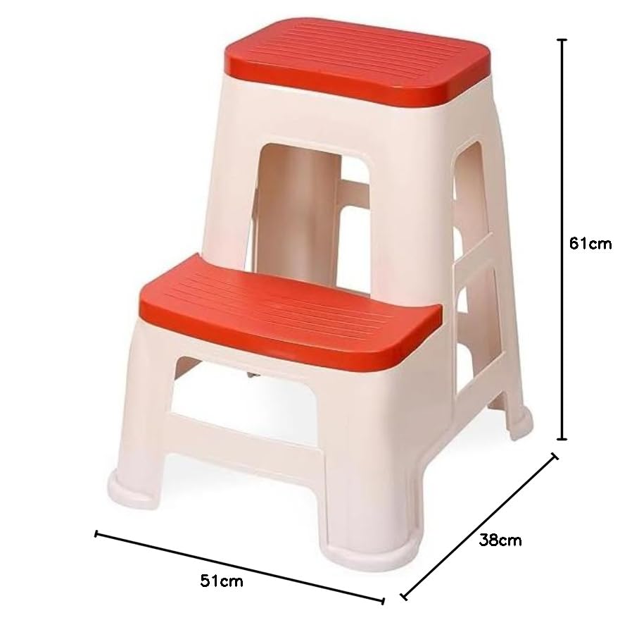 Image of Plastic 2-Step Stool for Home | Office&Kitchen Use with Weight Bearing Capacity of 180 Kg |2 Step Stool for Home| Color: Red; Pack of 2