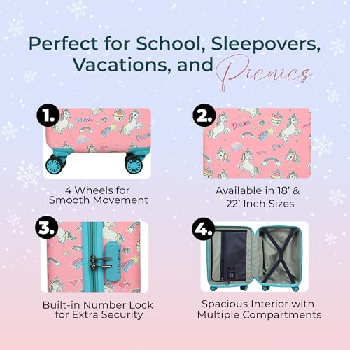 Image of NOVEX Unicorn Kids Bags Travel Trolley with 4 Wheels |Pink, 22-Inch Spinner Bag | Hard Sided Polycarbonate Unique Children's Luggage /Suitcase for Cute Girls Kid - 360-Degree Rotatable Wheel