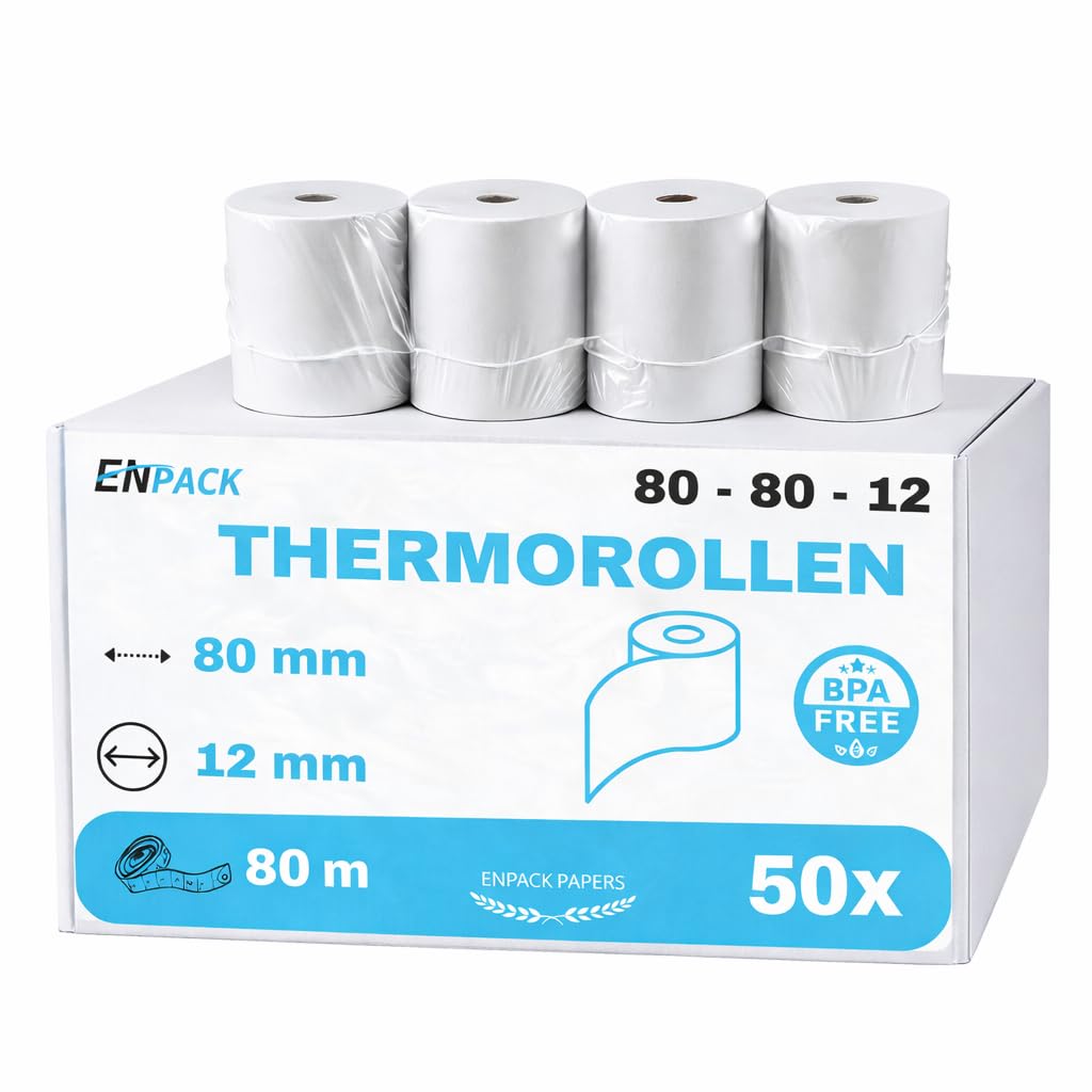 Enpack Thermorollen 80mm x 80m x 12 mm -Thermopapier - Bonrollen/Kassenrollen-BPA Frei - POS-Terminal - für alle gängigen Kassen-Bondrucker - Registrierkasse (80x80x12-80 Meter - 50 Rollen)