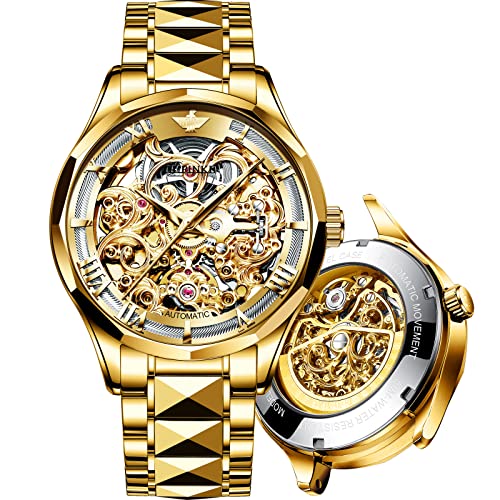 Men Skeleton Watches,Gold Watch for Men Automatic Mechanical Watches Self Winding Men's Wrist Watches 18K Gold Plated Watch Sapphire Crystal Luxury Watches Big Face Reloj para Hombre
