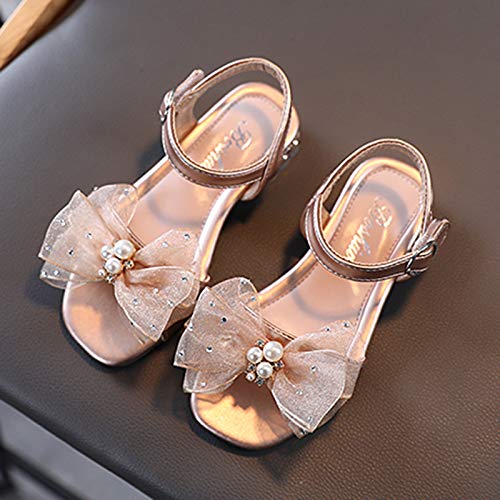Children Sandals Soft-Soled Princess Shoes Slippers Pearl Children Non-Slip Bowkont Flat Girl's (Gold, 10.5-11Years)4