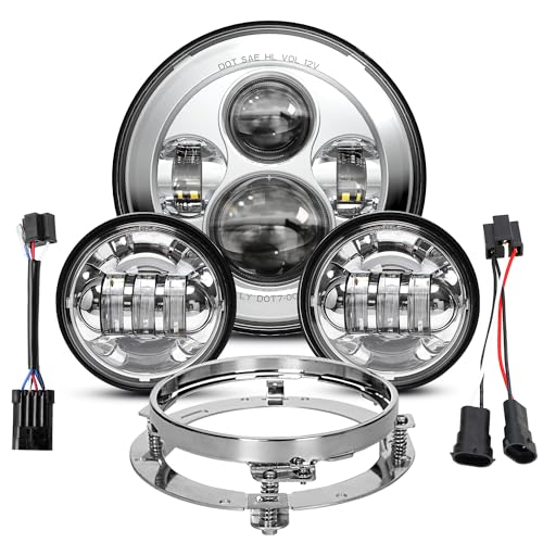 Image of LX-LIGHT Chorme 7 Inch Motorcycle LED Headlight with 4.5 Inch LED Passing Fog Lamps and Mounting Bracket Compatible with Street Glide Road King Fat Boy Ultra Classic Electra Tri Cvo Heritage Softail