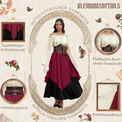 LumenVela Mittelalter Kleidung Damen, Renaissance Kleid Damen und Off Shoulder Bluse mit Corsett, Gürteltasche, Kopfschmuck, Gürtel, Viktorianisches Kostüm für Halloween Karneval (Rot, L)