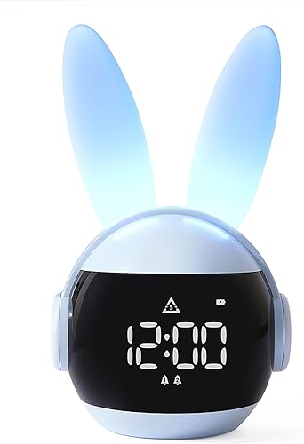 Reloj despertador infantil para niños, reloj despertador de conejito para niñas y niños, reloj despertador azul con tonos de llamada y luz nocturna