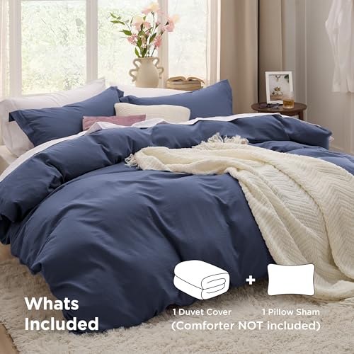 Image of Bedsure Navy Blue Duvet Cover Twin /Twin XL Size - 2 Pieces Prewashed Cotton-Like Polyester Soft Bedding Set, Includes 1 Duvet Cover 68x90 Inches with Zipper Closure & 1 Pillow Sham, No Comforter