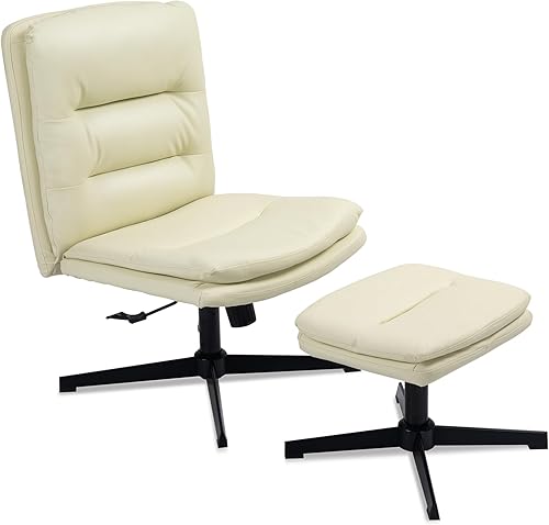 Silla de oficina de respaldo alto con otomana, silla de escritorio sin brazos de piel sintética, sin ruedas, silla de trabajo para computadora,