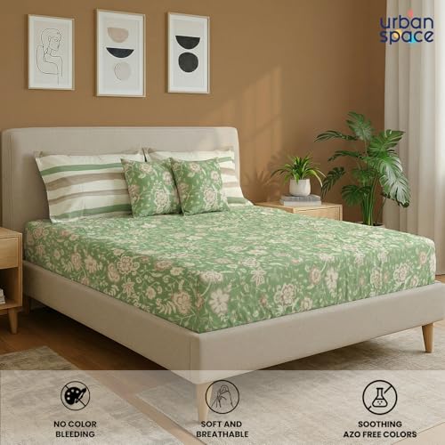 Image of Urban Space 144 TC Divine 100% Cotton Bedsheet for Double Bed with 2 Pillow Covers and 2 Cushion Covers, Queen Bedsheet (Size 90 x 100 inches, Viola Sage Green, Double)