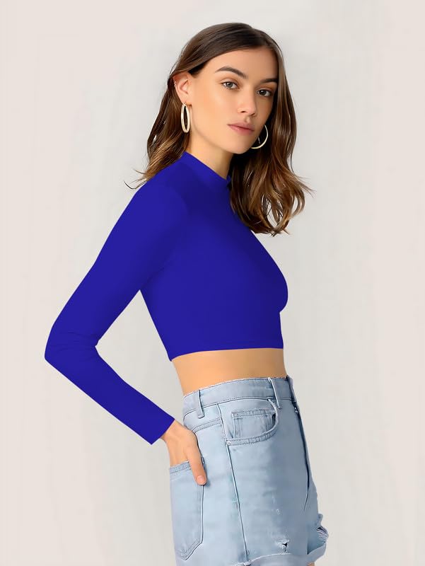 Dream Beauty Fashion Women's Round High Neck Full Sleeves Stylish Slim Fit Crop Top Polyester Blend Tshirt (Tally Royal Blue-Medium) 2
