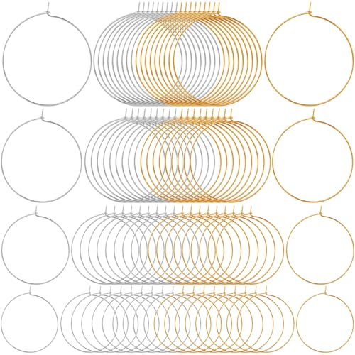 Pndeyo 80pcs Hypoallergenic Earring Beading Hoops Mix Sizes Round Hoop Earrings Findings Open Earring Wire Ring Accessories for Jewelry Making- Silver & Gold