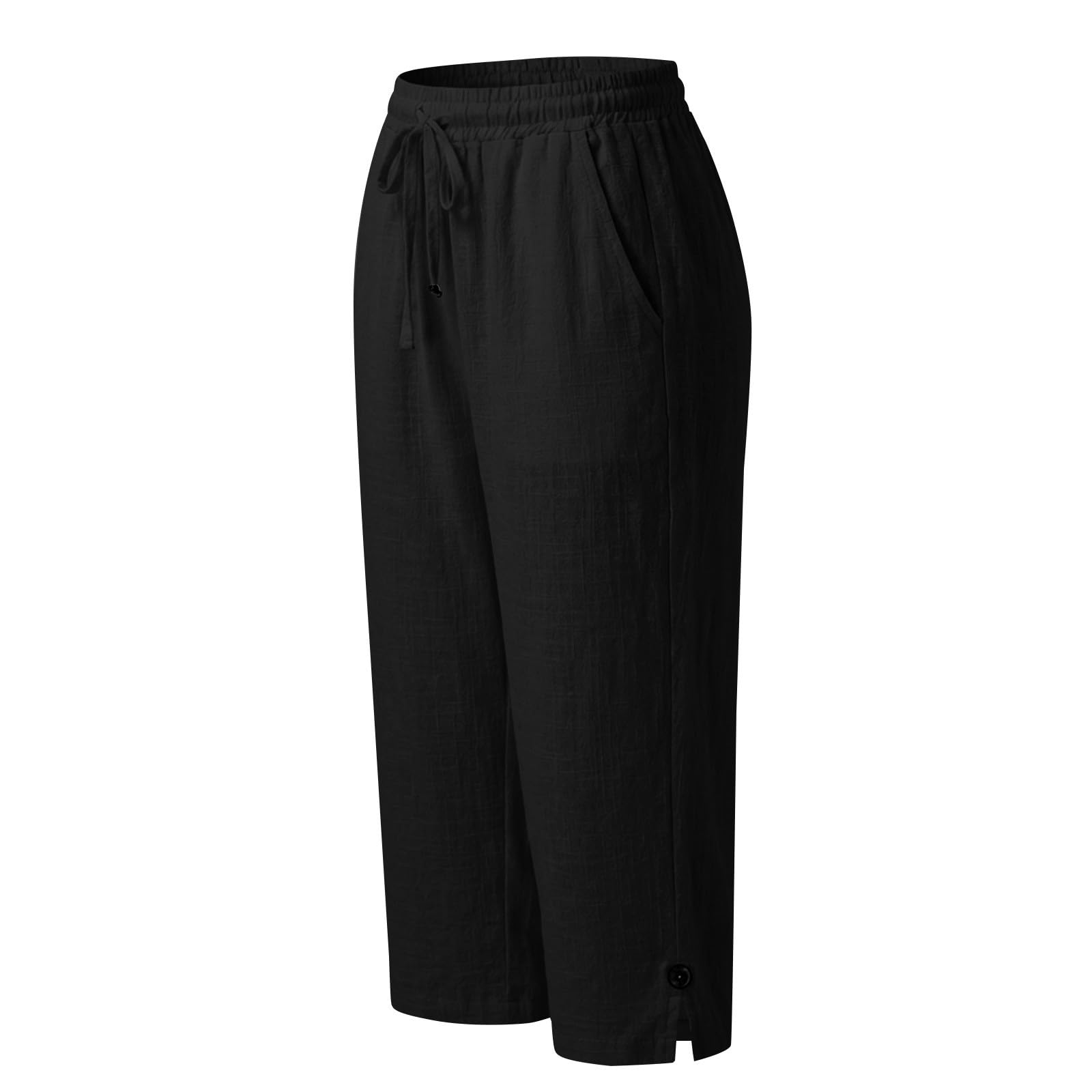Pantacourt Femme Été Pantalon 3/4 en Coton et Lin Pantalon de Jogging Léger avec Poches Taille Élastique avec Cordon Bouton à la Cheville Pantalon de Sport Décontracté pour Yoga Randonnée