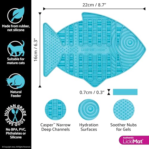 Image of Lickimat Casper, Fish-Shaped Cat Slow Feeders for Feline Boredom and Anxiety Reduction; Perfect for Food, Treats, Yogurt, or Peanut Butter. Fun Alternative to a Slow Feed Cat Bowl or Dish, Turquoise
