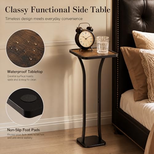Image of Small Square Side Table, Drink Table with Weighted Base, Solid Wood & Metal Accent Table for Small Spaces, Pedestal End Table for Living Room, Bedroom, Office(Black + Walnut)