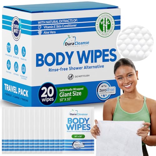 Image of XL Travel Body Wipes - No Rinse Bath Wipes for Adults, Extra Moist - 20 Ct | Individually Wrapped Disposable Washcloths, 3.6x Soak Stays Wet, 10x10 in, Aloe & Vitamin E, TSA Ready for Carry-On & Gym Bag