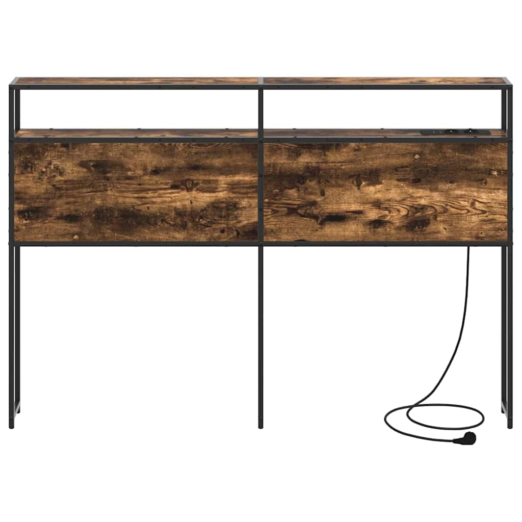 Zagłówek z regałem, dąb wędzony, 120 cm, materiał drewnopochodny, nowoczesny zagłówek łóżka, pełny rozmiar, ze stacją ładującą, wytrzymała drewniana rama