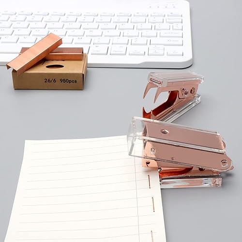Miniatura 6 de NatSumeBasics Juego de mini grapadora y removedor de grapas de oro amarillo, grapadora manual metálica acrílica con grapas y lindo kit de removedor
