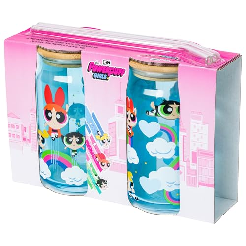 Image of Silver Buffalo Powerpuff Girls Trio Flying Rainbows and Clouds Blue 2pk 16oz Glass Tumbler w Bamboo Lid and Glass Straw Set