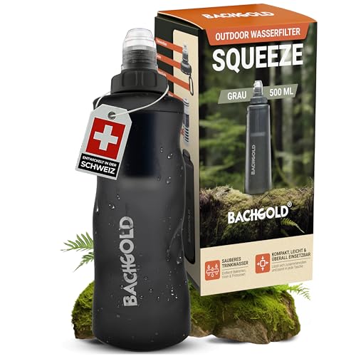Bachgold® Squeeze Filtro Acqua – Ultraleggero Borraccia Filtrante con 500L Capacità | Rimuove Batteri, Virus & Microplastiche | per Campeggio, Sopravvivenza, Emergenza, Bushcraft (Grigio 500ml)