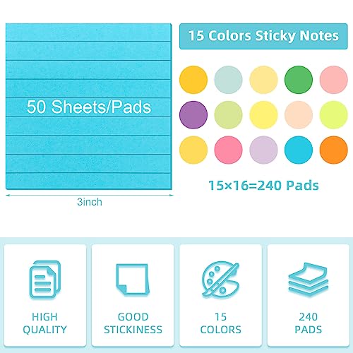 Image of Seajan 240 Pads 3 x 3 Inch Sticky Notes Notepads Multi Bright Colors Self Sticky Pads for Students Teachers School Office Supply Desk Accessory 15 Colors, 50 Sheets Each(Neon,Line)