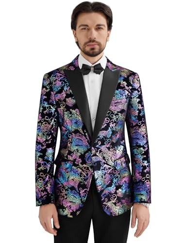 MAGE MALE Men's Velvet Floral Tuxedo Peak Lapel One Button Dinner Party Prom Wedding Suit Jacket2