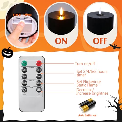Image of Retisee 3 Pcs Halloween 6 /8 /12 Inches Black Flameless LED Candles with Remote and 2 /4 /8h Timer Battery Operated Electric Wax Flickering Pillar Candles for Halloween Parties, Haunted House Displays