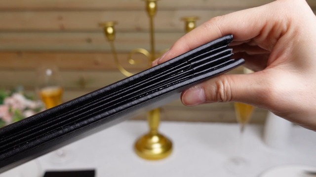 12-Pack Black PU Leather Menu Covers - Waterproof, 4-Panel Fold, Angled Corners, 4.25x11" Insert Size For Restaurants & Cafes