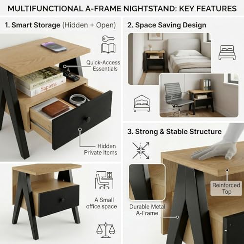 Image of FFO Modern Bedside Table with Drawer & Open Shelf, Wooden Top with Metal Frame, Compact Nightstand for Bedroom, Side Table with Storage, End Table for Living Room (45x35x40 cm, Oak Finish & Black).