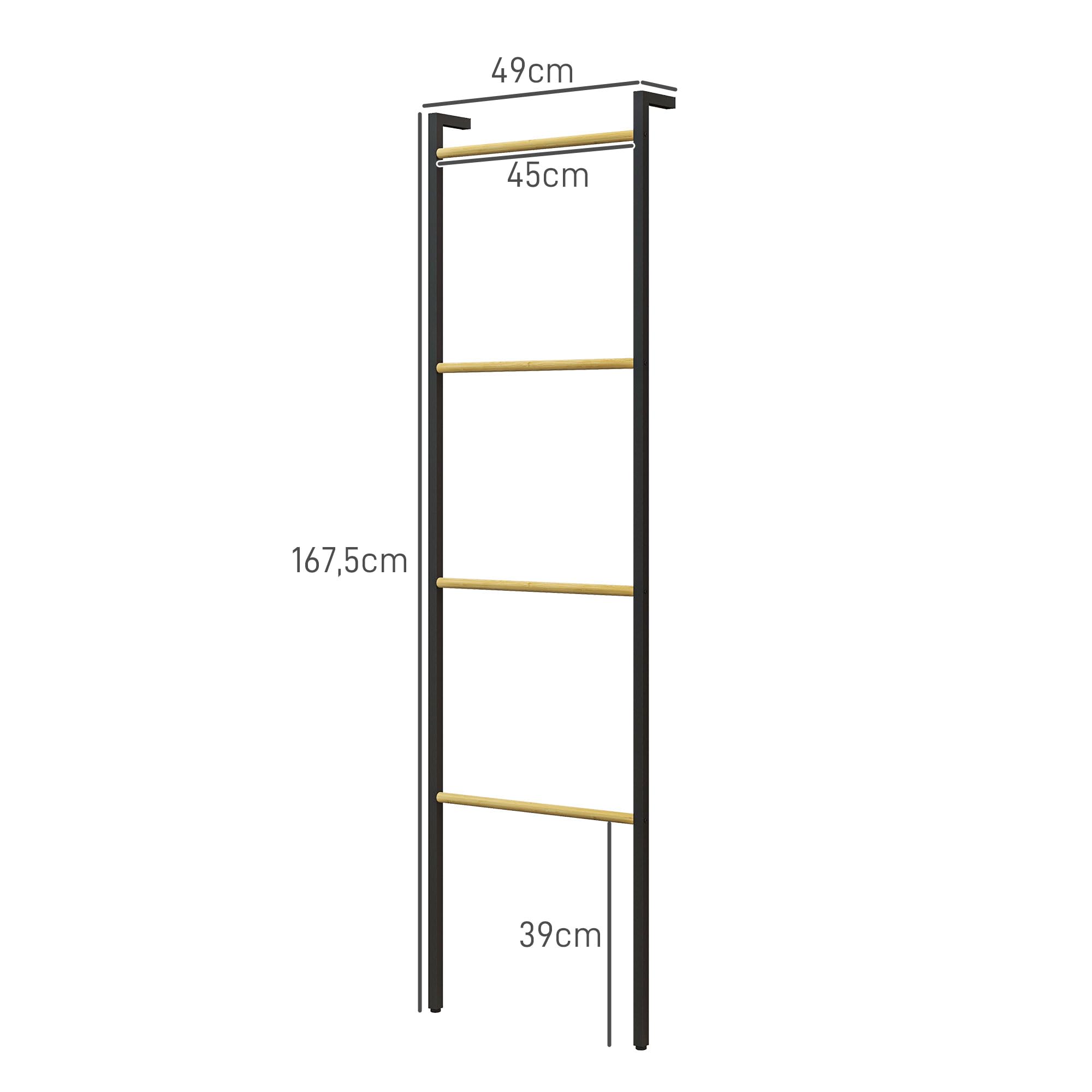 HOMCOM Toallero de 4 Niveles Toallero Escalera Apoyado en la Pared Toallero de Baño con 4 Barras de Bambú y Marco de Acero 49x5,5x167,5 cm Negro y Natural
