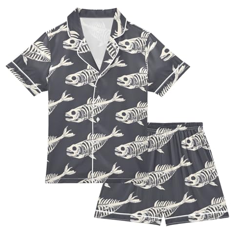 ALAZA Gray Fish Bone Satin Pajamas Set Short Sleeve Button Down Sleepwear Summer Pjs 2 Piece
