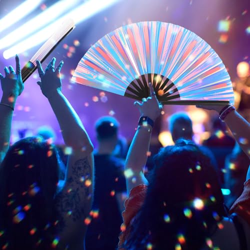 Image of Maitys Large Rave Fan Folding Handheld Fans 13'' Clap Fans for Line Dancing Clack Fan Holographic Festival Accessory for Martial Art Gift Performance, Includes 2 Pouch
