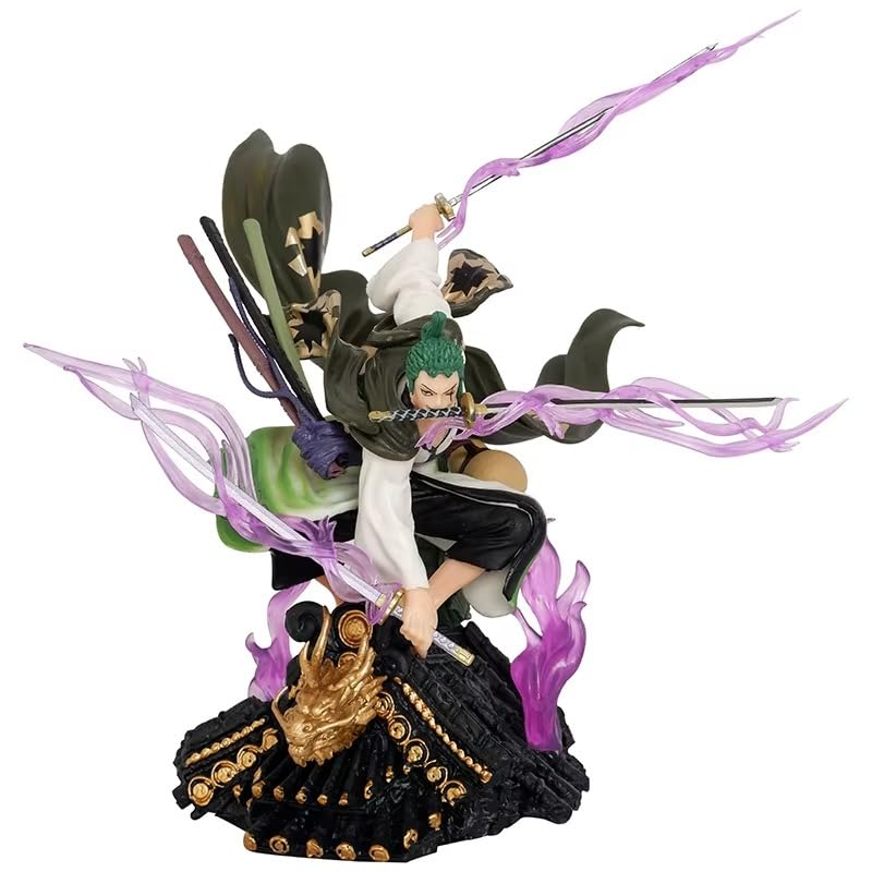 One Pirate Roronoa Zoro Dynamic Airborne Triple Sword Action Figure | 18cm Battle Jump Samurai Pose Zoro Figurine with Purple Asura Aura for Desk – One Piece product image