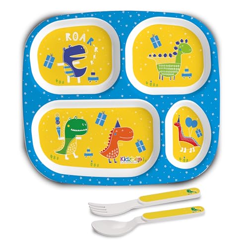 Image of Cello Kidzbee Quadmeal Dino Party Melamine Meal Set for Kids | BPA Free and Food-Grade Material | Attractive and Kidfriendly Designs | Break Resistant & Durable Set | Set of 3, Yellow