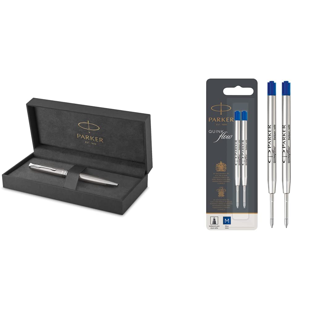 PARKER Sonnet Penna a Sfera, Acciaio Inossidabile con Finiture in Palladio, Pennino Medio, Confezione Regalo & Quinkflow ricarica per penna a sfera, punta media, blu, confezione da 2