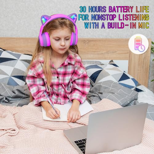 Image of IFECCO Wireless Kids Headphones with Microphone,Foldable Cute Light Up Cat Ear Children Girls Bluetooth Headphones with Case for School Gifts Travel